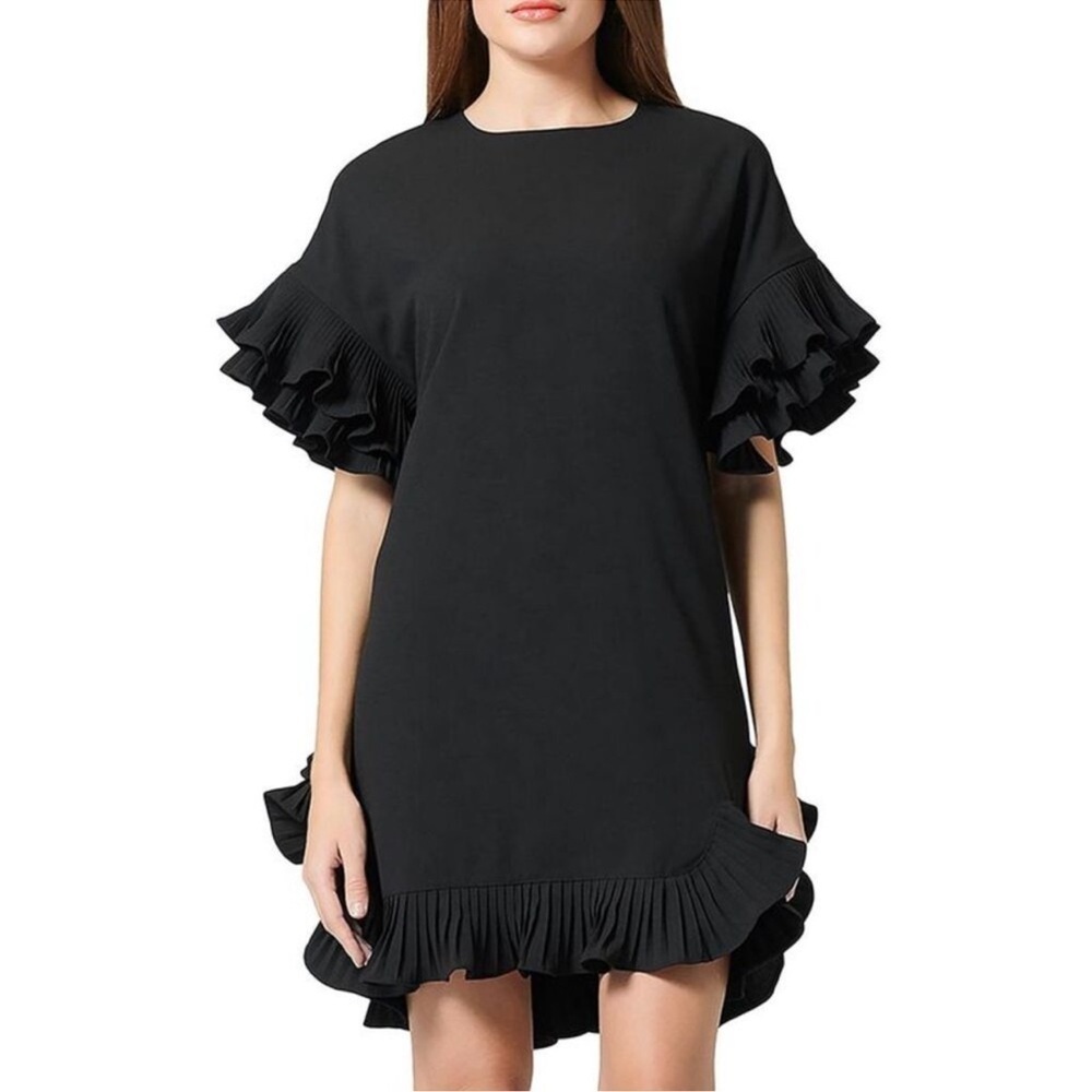 Gracia Black Pleated Ruffled Shift Mini Dress